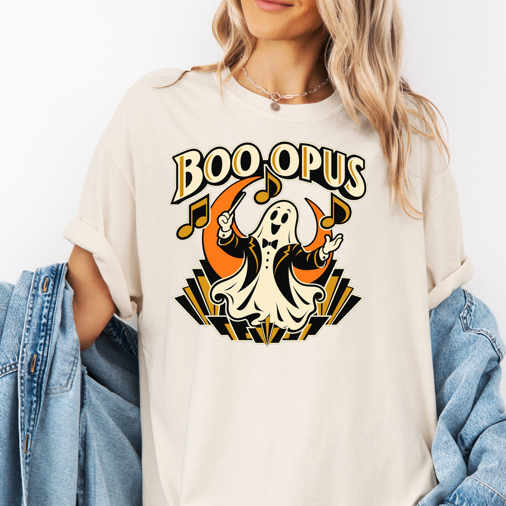 Ghost Music Conductor Halloween T-Shirt, Boo Opus Art Deco Musical Notes, Comfort Colors Spooky Season