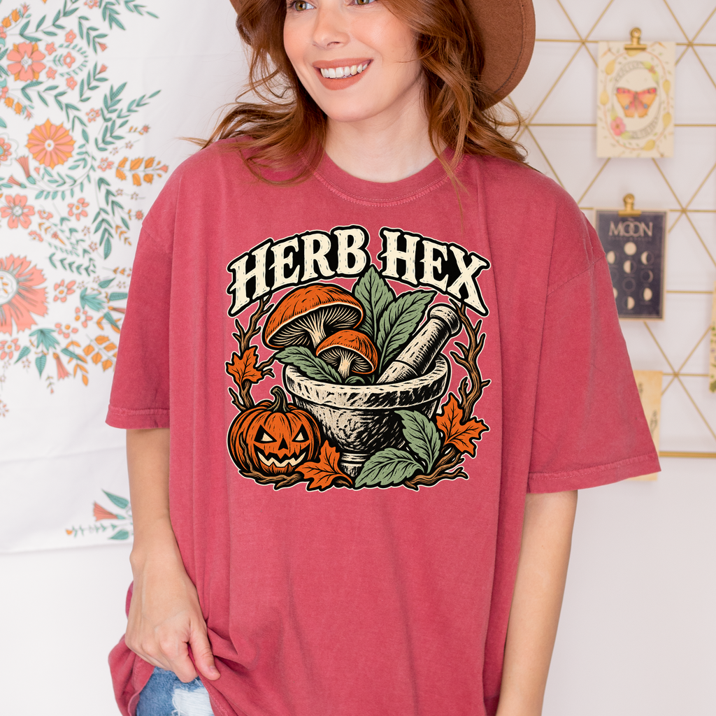 Witch's Apothecary Halloween T-Shirt, Herb Hex Mortar and Mushroom Woodcut, Pumpkin Folk Art, Comfort Colors