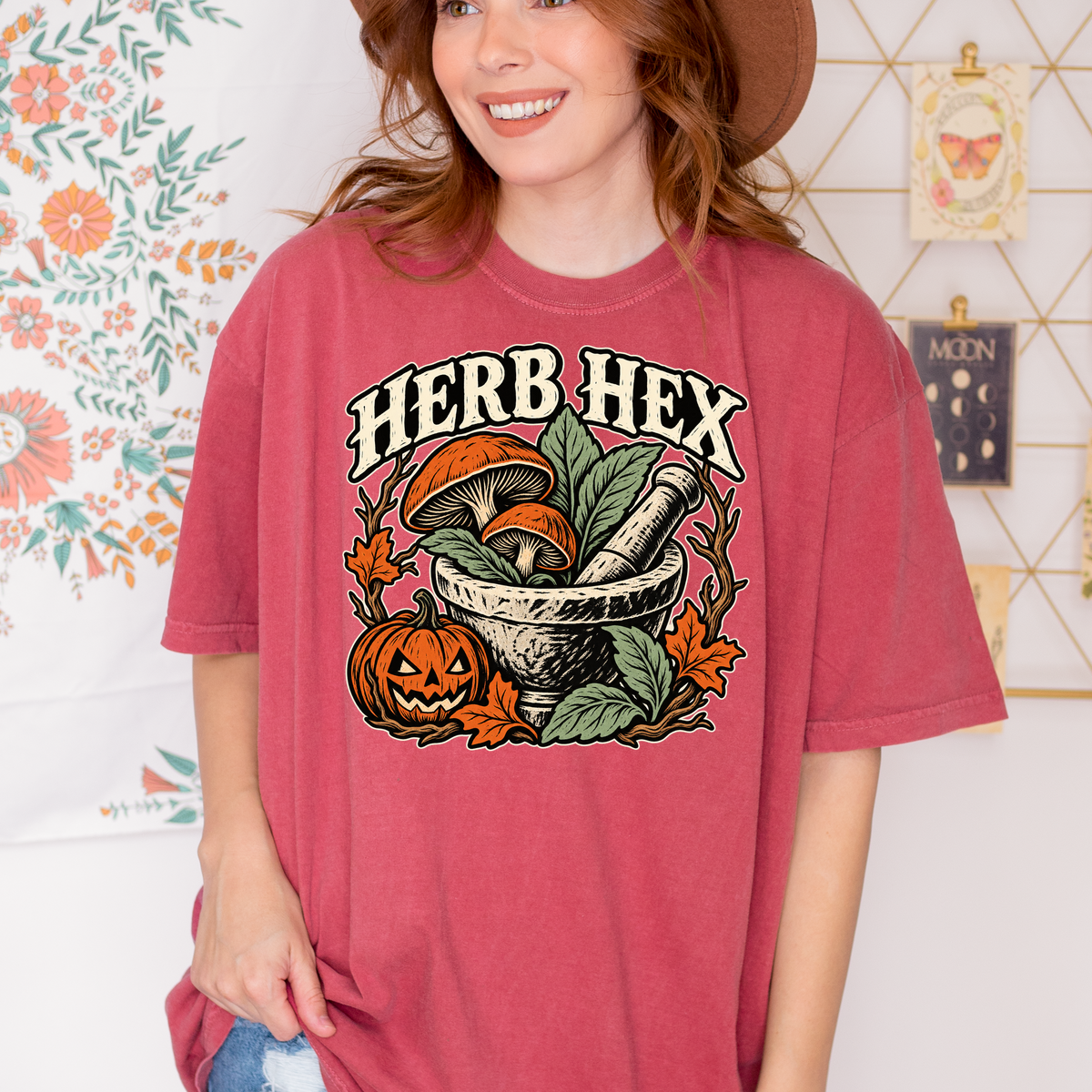 Witch's Apothecary Halloween T-Shirt, Herb Hex Mortar and Mushroom Woodcut, Pumpkin Folk Art, Comfort Colors