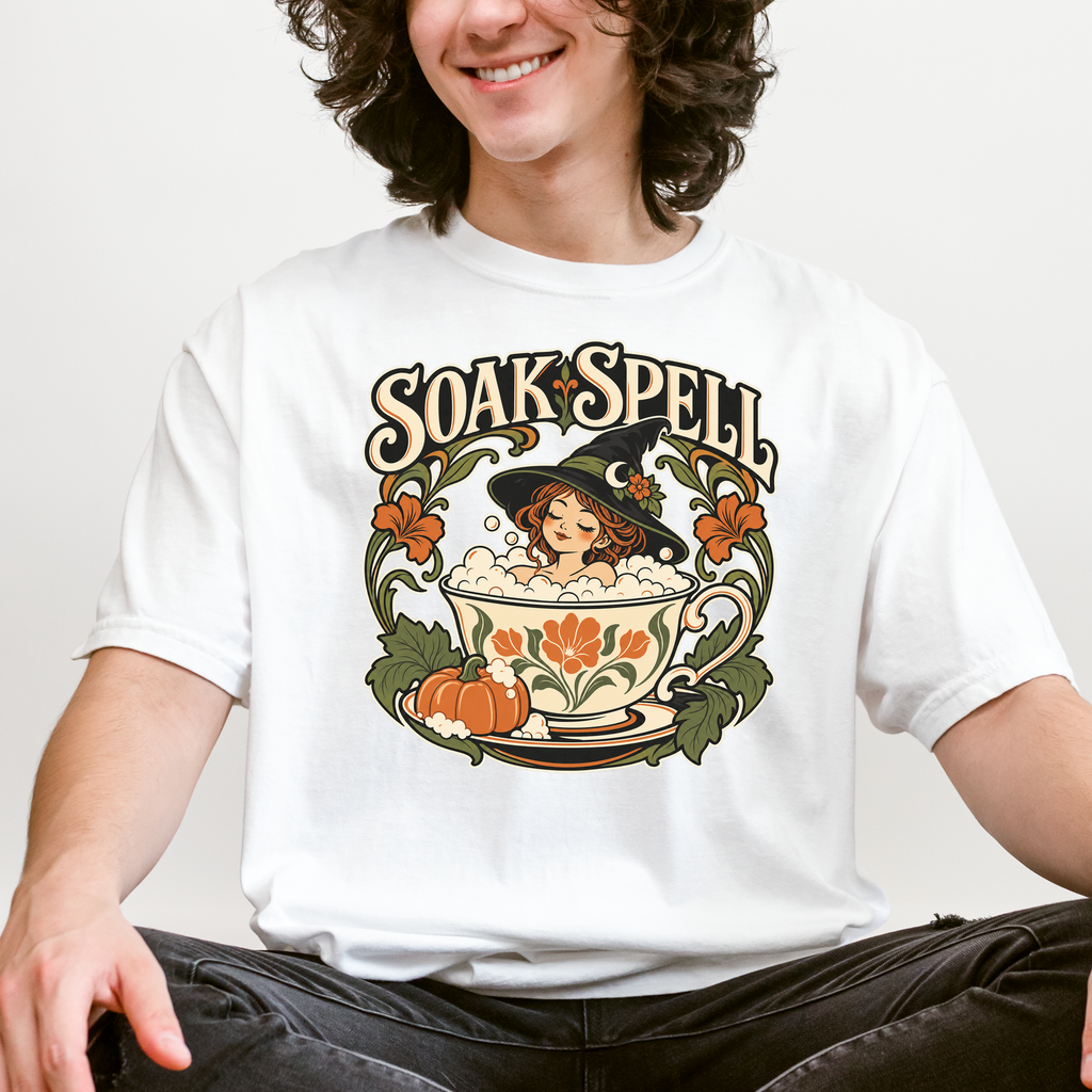 Witch Teacup Halloween T-Shirt, Soak Spell Bath, Art Nouveau Autumn Botanical, Comfort Colors, Spooky Season