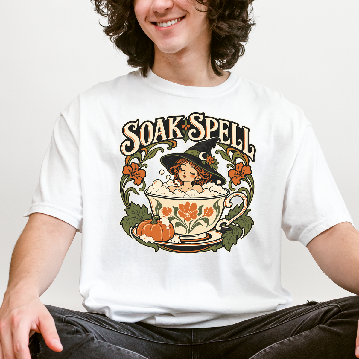 Witch Teacup Halloween T-Shirt, Soak Spell Bath, Art Nouveau Autumn Botanical, Comfort Colors, Spooky Season