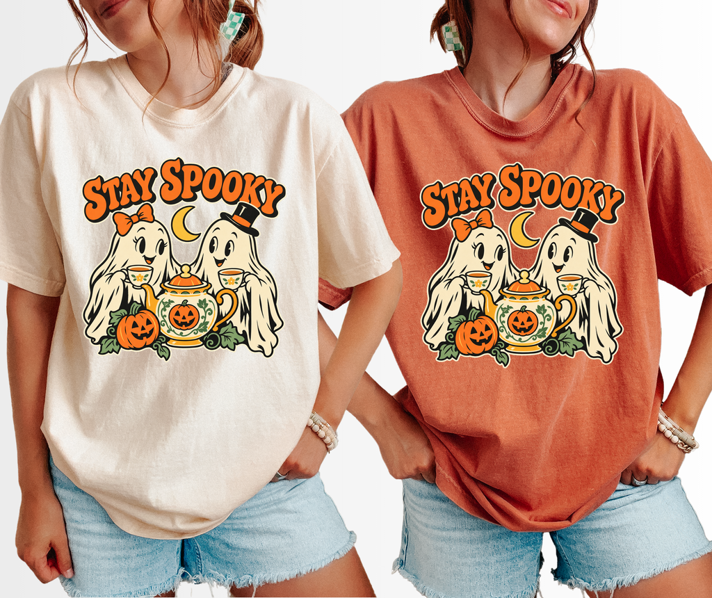Ghost Tea Party Halloween T-Shirt, Stay Spooky Retro 1950s Cartoon, Pumpkin and Crescent, Comfort Colors