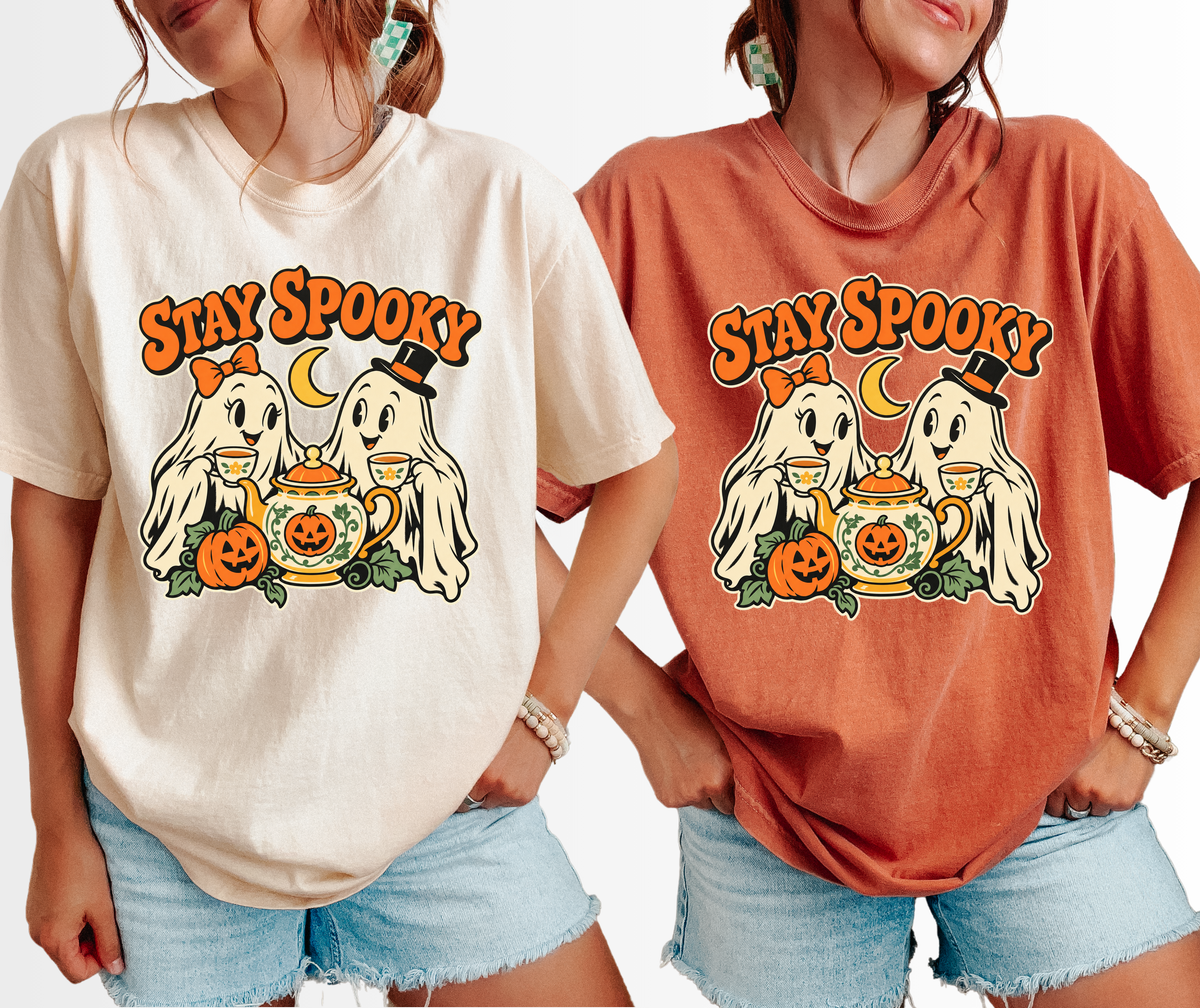 Ghost Tea Party Halloween T-Shirt, Stay Spooky Retro 1950s Cartoon, Pumpkin and Crescent, Comfort Colors
