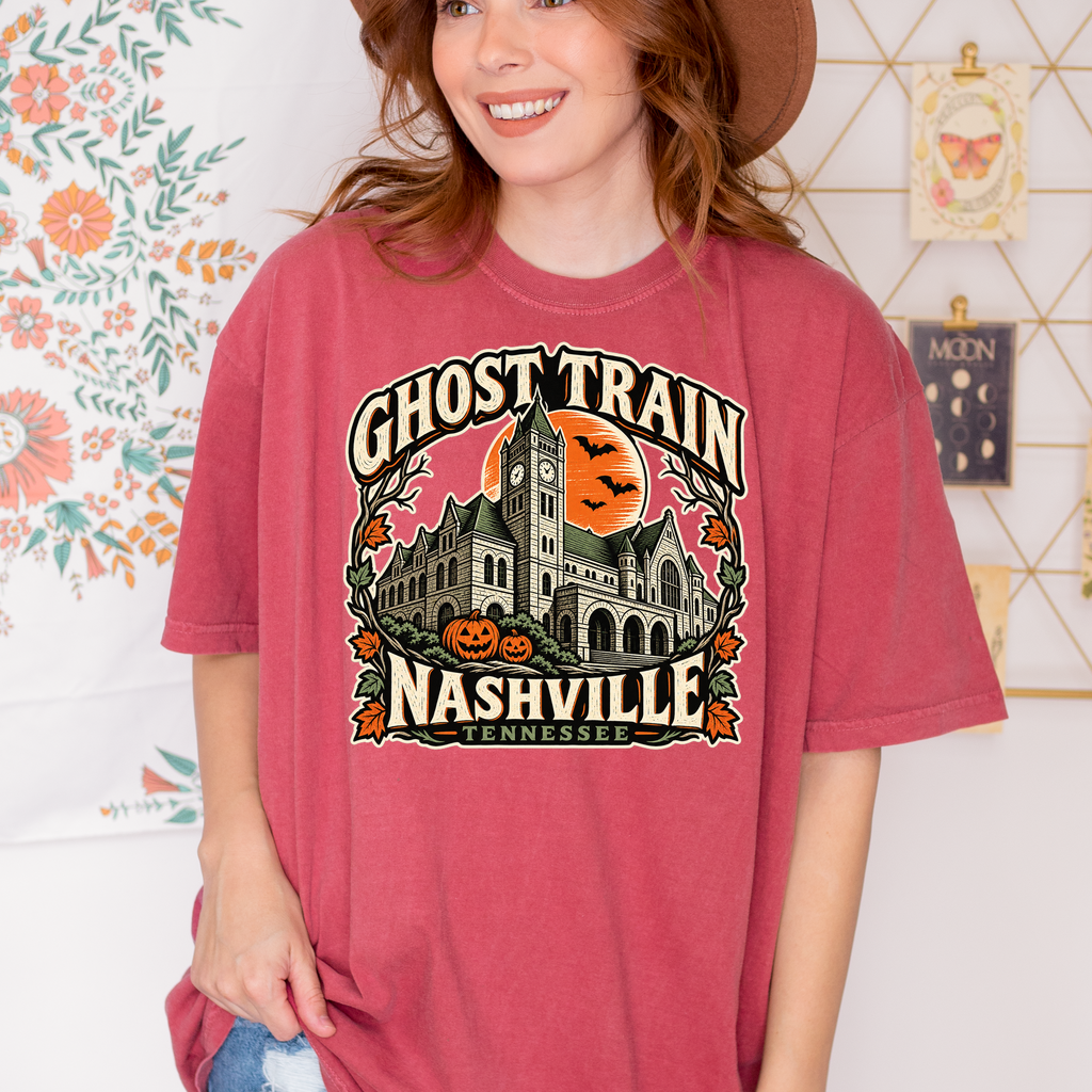 Nashville Halloween T-Shirt, Union Station Ghost Train, Comfort Colors, Woodcut Folk Art, Pumpkin Tennessee Souvenir
