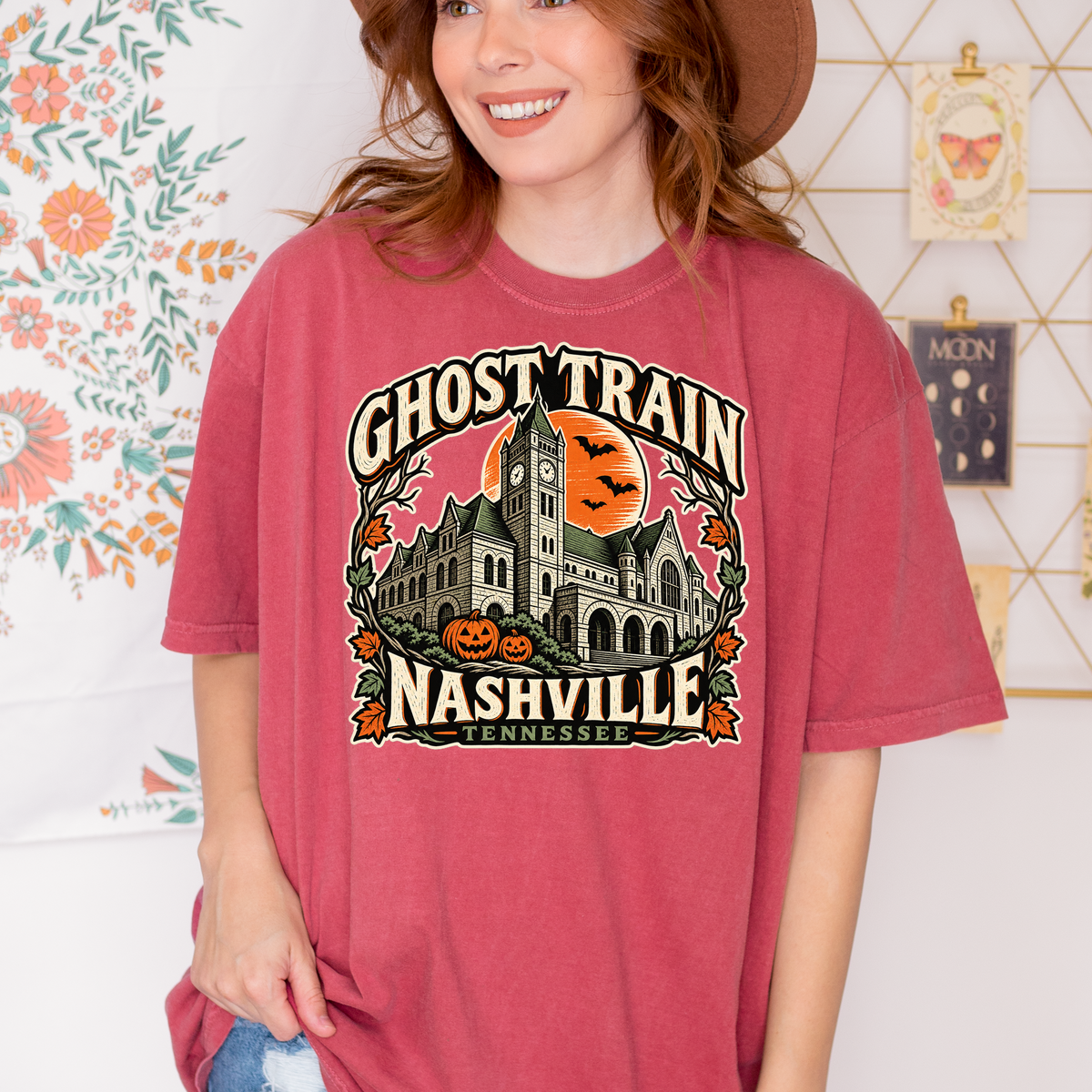 Nashville Halloween T-Shirt, Union Station Ghost Train, Comfort Colors, Woodcut Folk Art, Pumpkin Tennessee Souvenir
