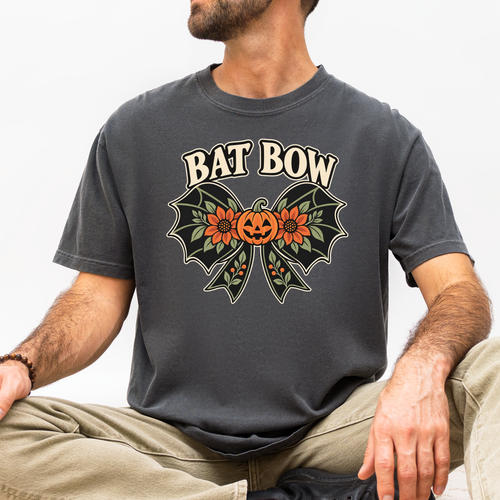 Bat Wing Bow Halloween T-Shirt, Smiling Pumpkin and Autumn Flowers, Folk Art Botanical Design, Comfort Colors