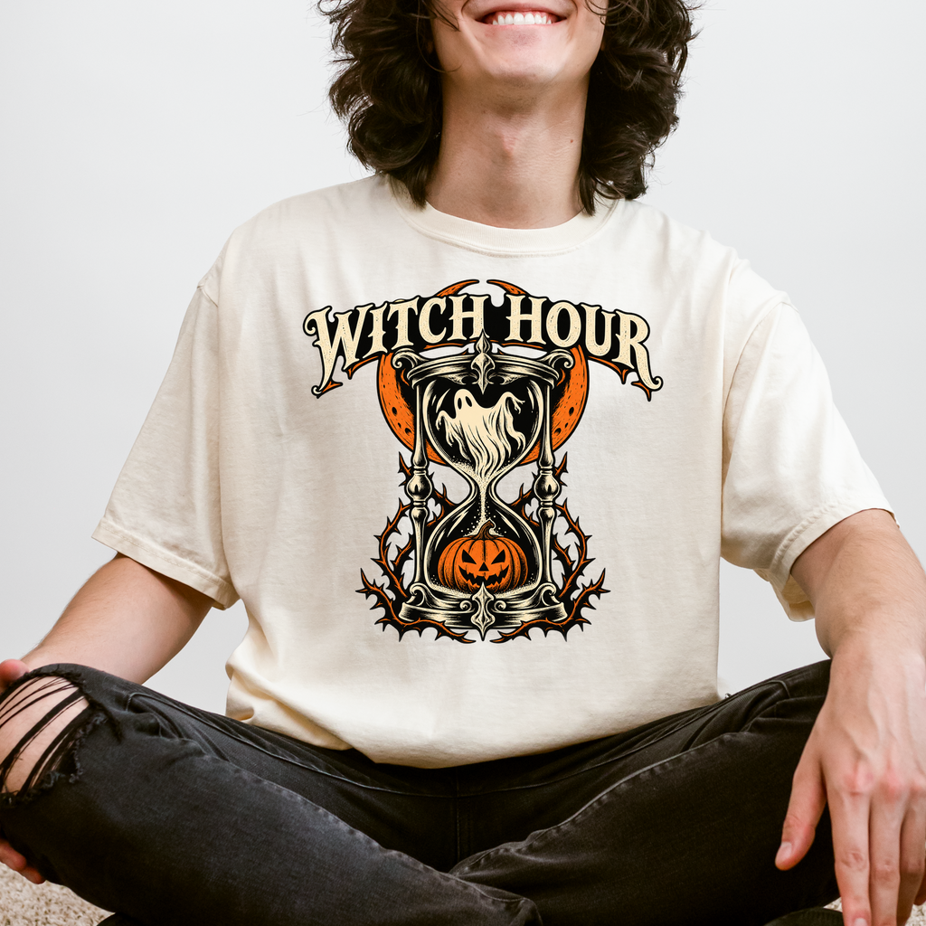 Haunted Hourglass Halloween T-Shirt, Witch Hour Ghost and Pumpkin, Gothic Woodcut Spooky Season Comfort Colors