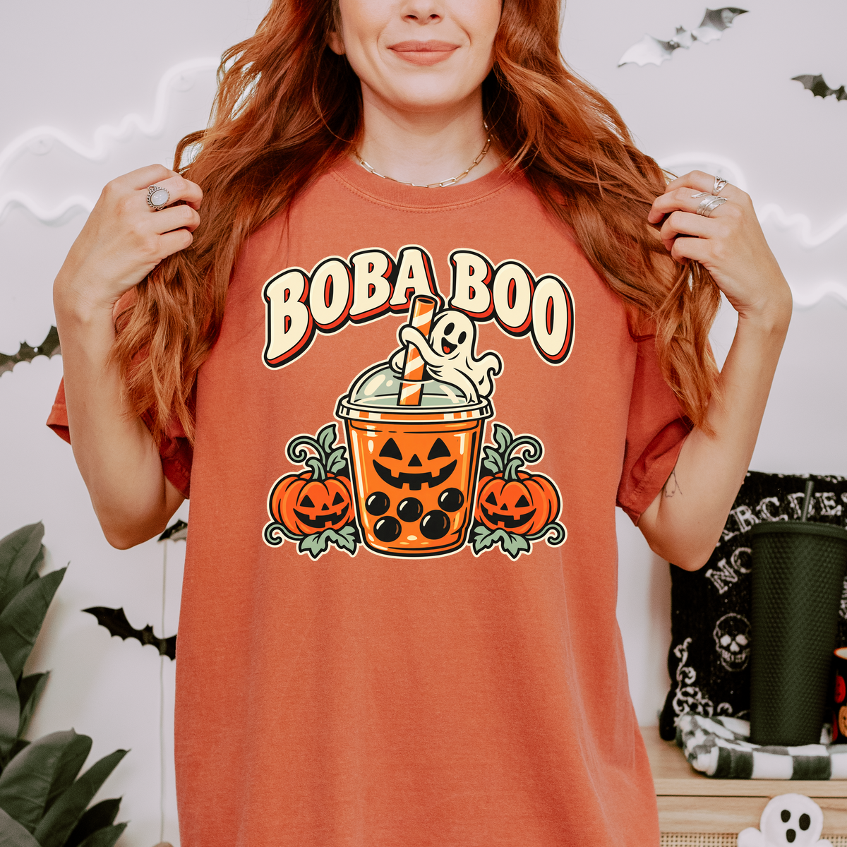 Pumpkin Boba Halloween T-Shirt, Boba Boo Ghost Cup, Retro Diner Spooky Season Art, Comfort Colors