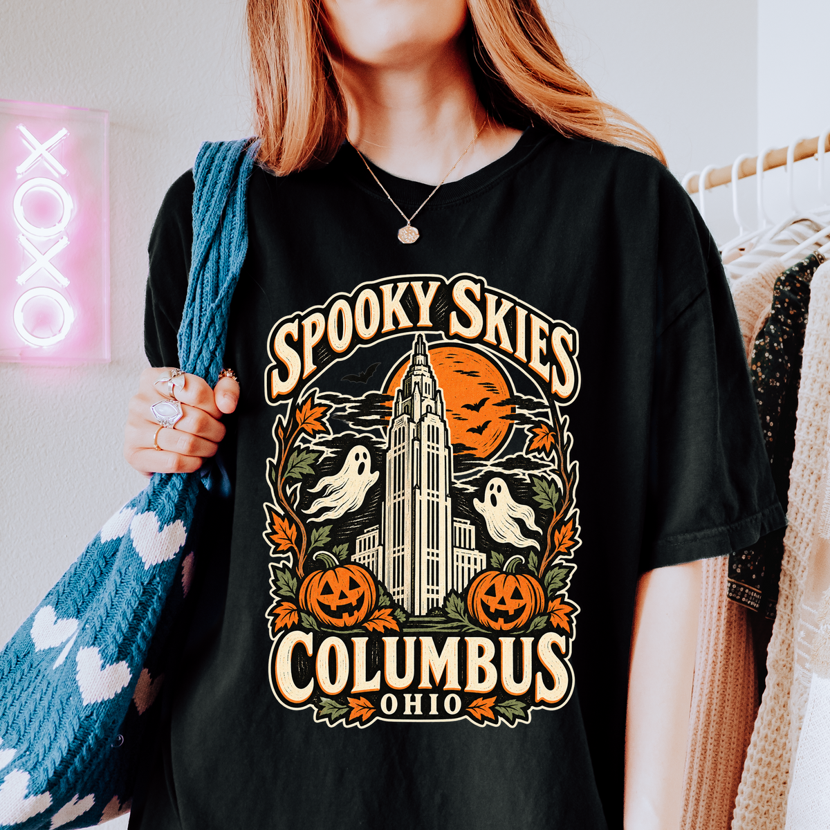 Columbus Halloween T-Shirt, LeVeque Tower Moon and Ghosts, Woodcut Folk Art, Comfort Colors Ohio Souvenir