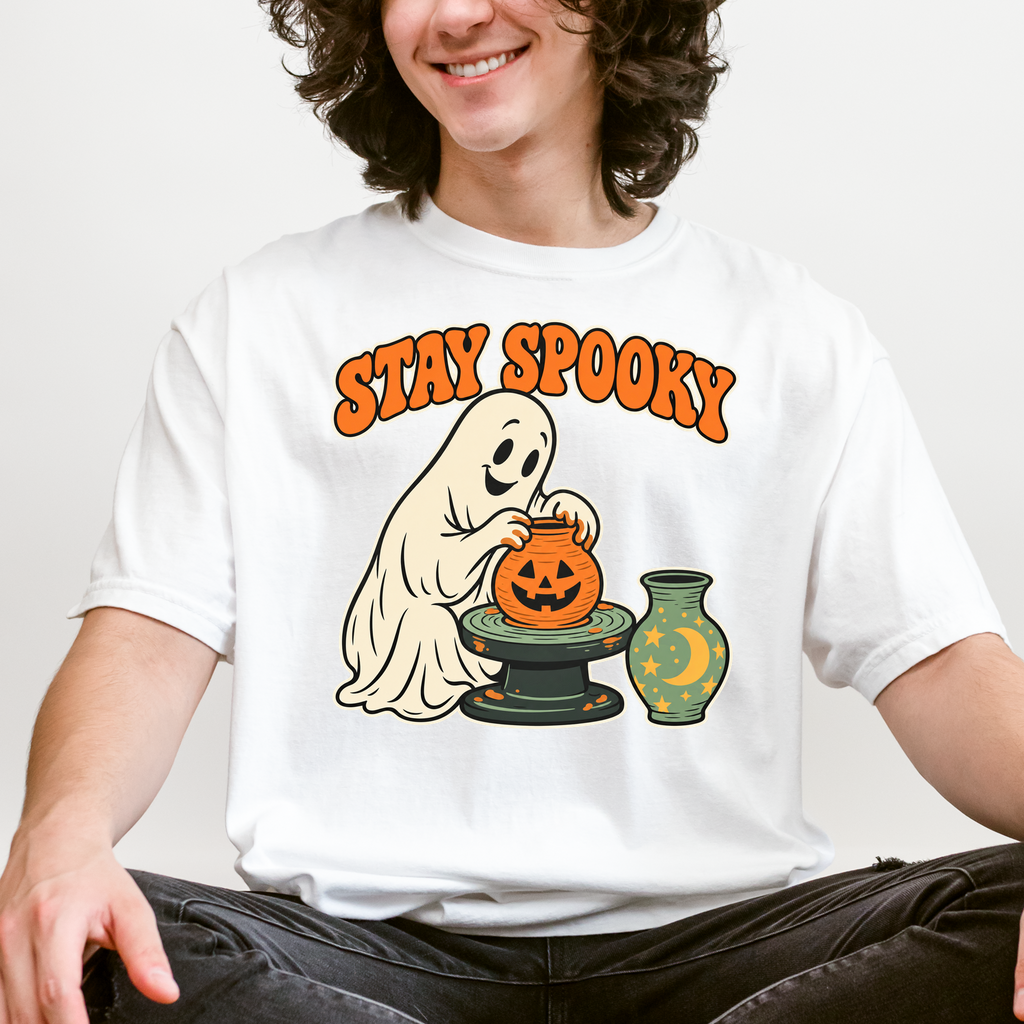 Ghost Pottery Halloween T-Shirt, Stay Spooky Pumpkin Clay Pot, Retro 1950s Cartoon, Comfort Colors Spooky Season