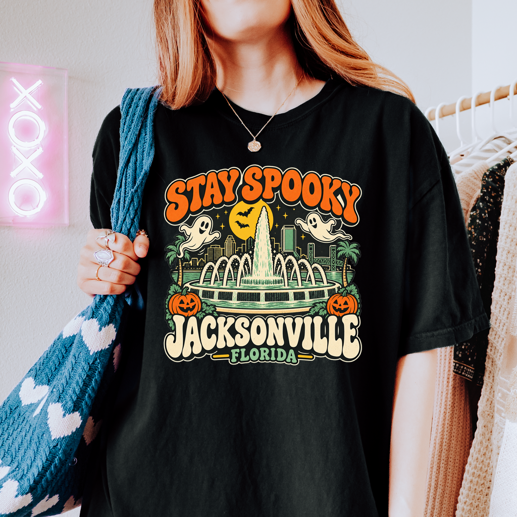 Jacksonville Halloween T-Shirt, Friendship Fountain Retro Ghost and Pumpkin Design, Florida Comfort Colors Souvenir