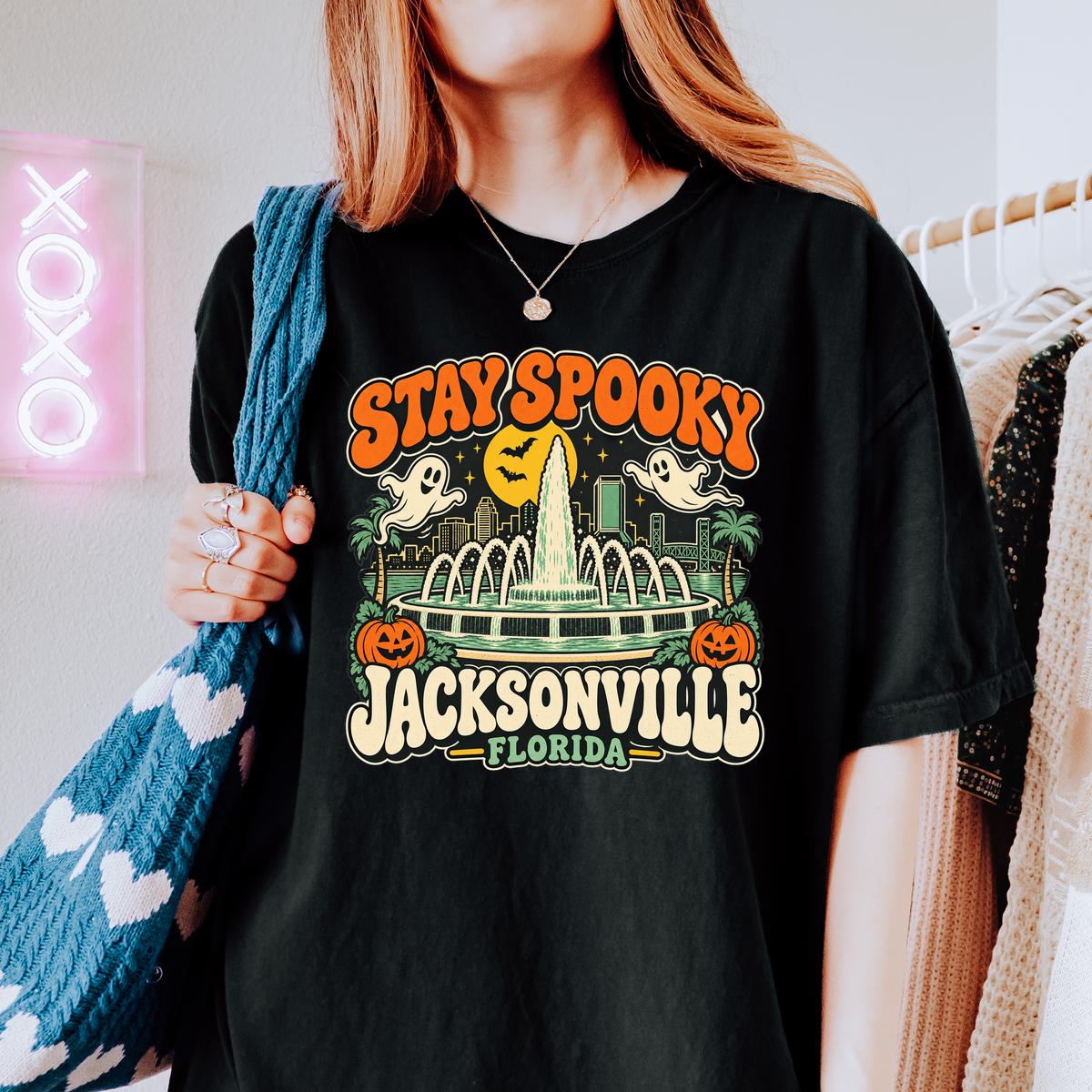 Jacksonville Halloween T-Shirt, Friendship Fountain Retro Ghost and Pumpkin Design, Florida Comfort Colors Souvenir