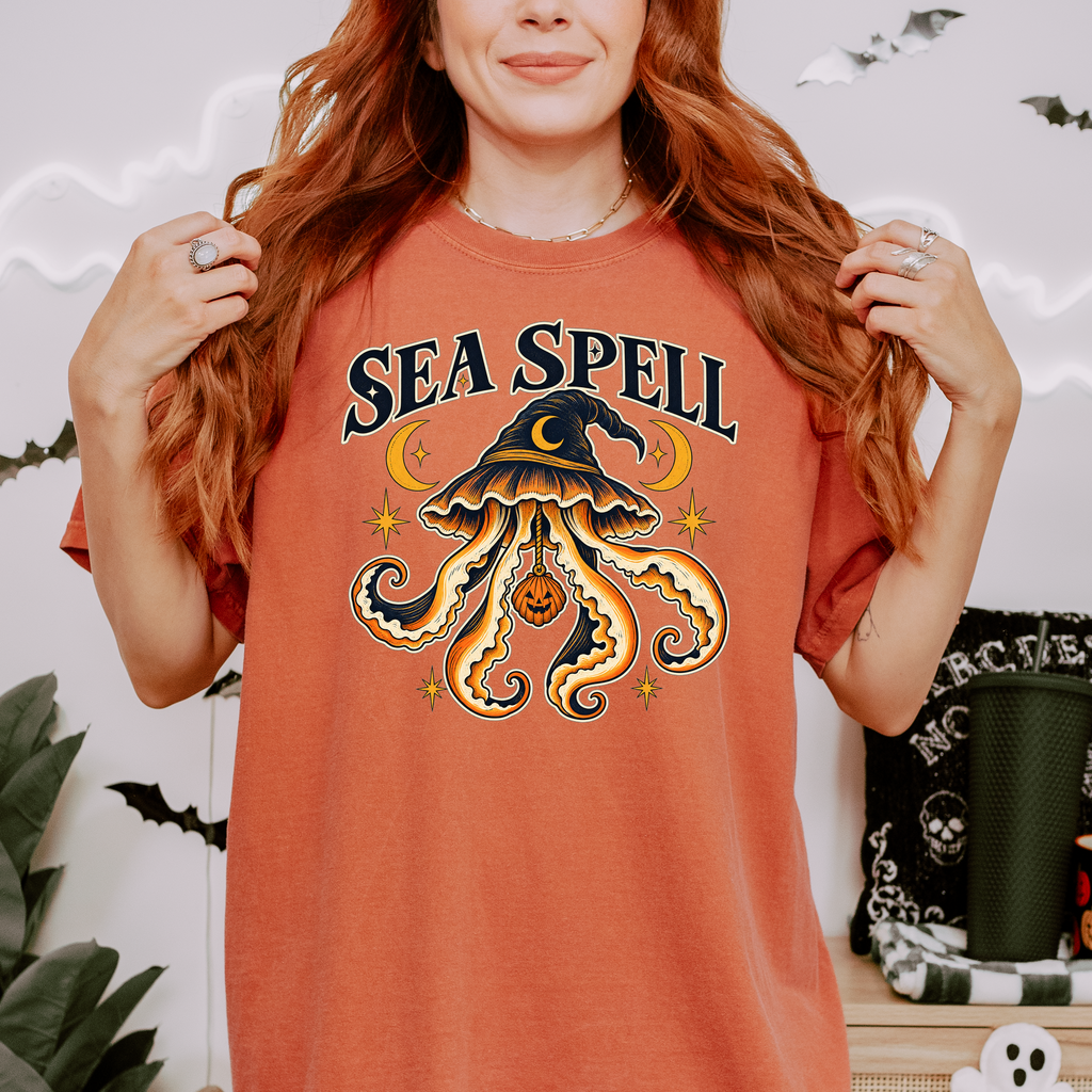 Witch Hat Jellyfish Halloween T-Shirt, Pumpkin Seashell, Celestial Gothic Sea Spell Art, Comfort Colors