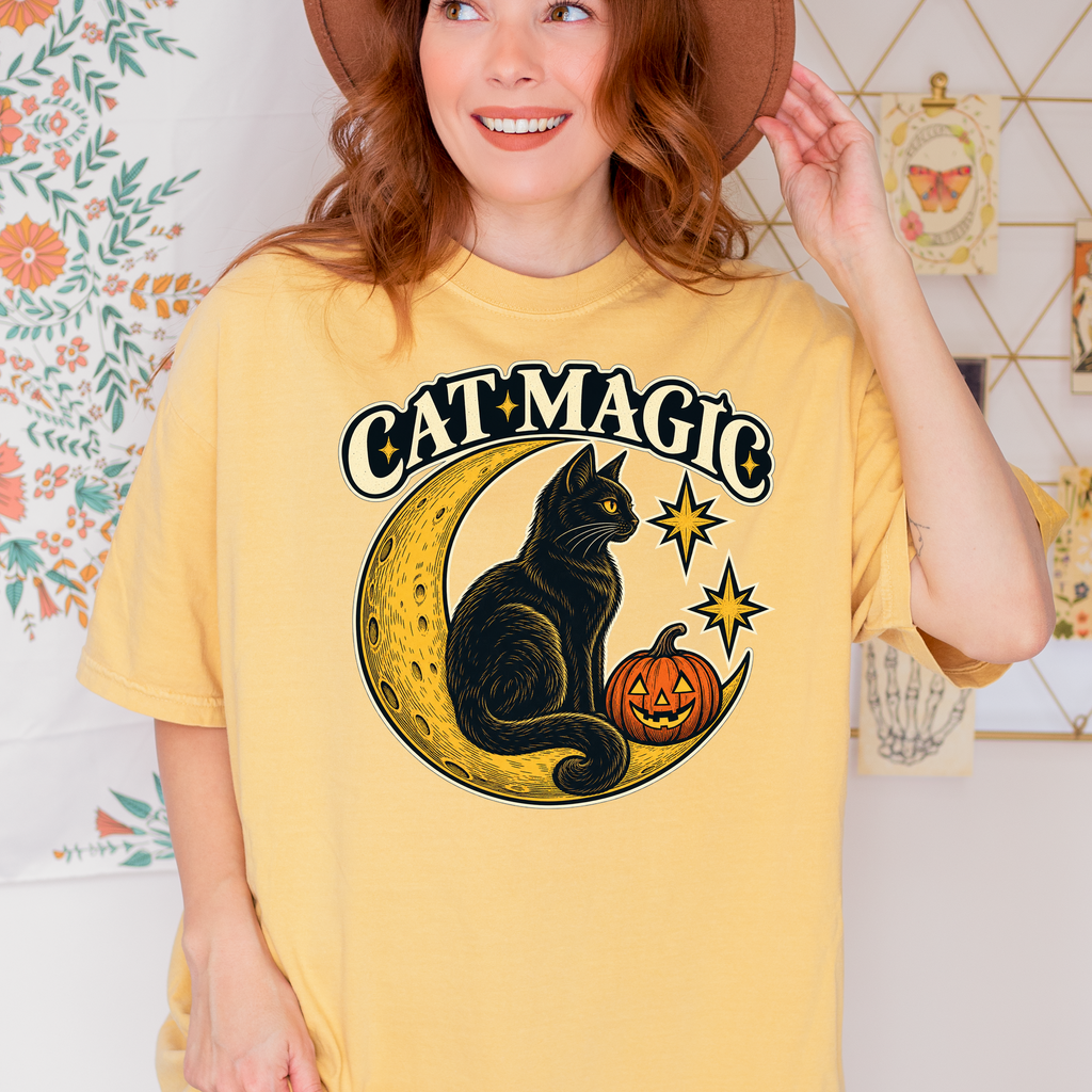 Black Cat Halloween T-Shirt, Cat Magic Crescent Moon, Celestial Pumpkin Art, Antique Linework, Comfort Colors