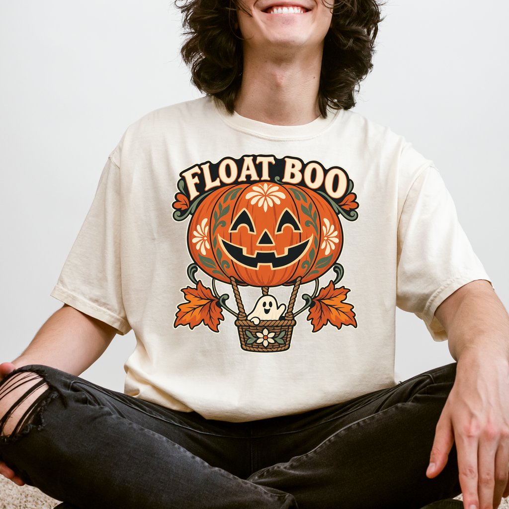 Pumpkin Hot Air Balloon Halloween T-Shirt, Friendly Ghost Basket, Folk Art Spooky Season, Comfort Colors