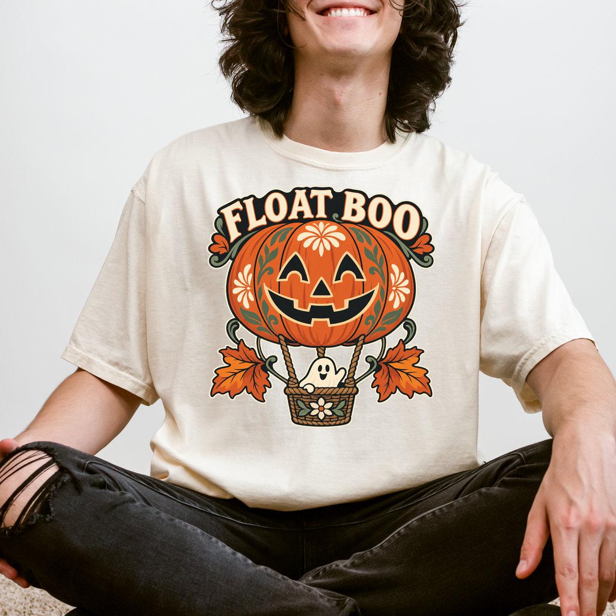 Pumpkin Hot Air Balloon Halloween T-Shirt, Friendly Ghost Basket, Folk Art Spooky Season, Comfort Colors