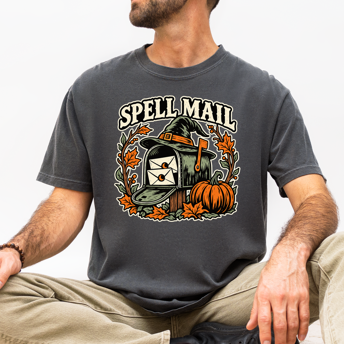 Witch Mailbox Halloween T-Shirt, Spell Mail with Pumpkin, Woodcut Folk Art, Comfort Colors Spooky Season