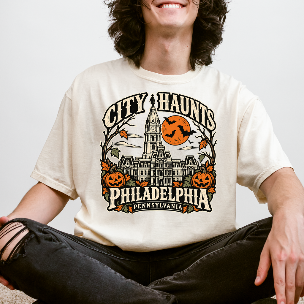 Philadelphia Halloween T-Shirt, City Hall Woodcut Folk Art, Pumpkin Lanterns, Pennsylvania Souvenir, Comfort Colors