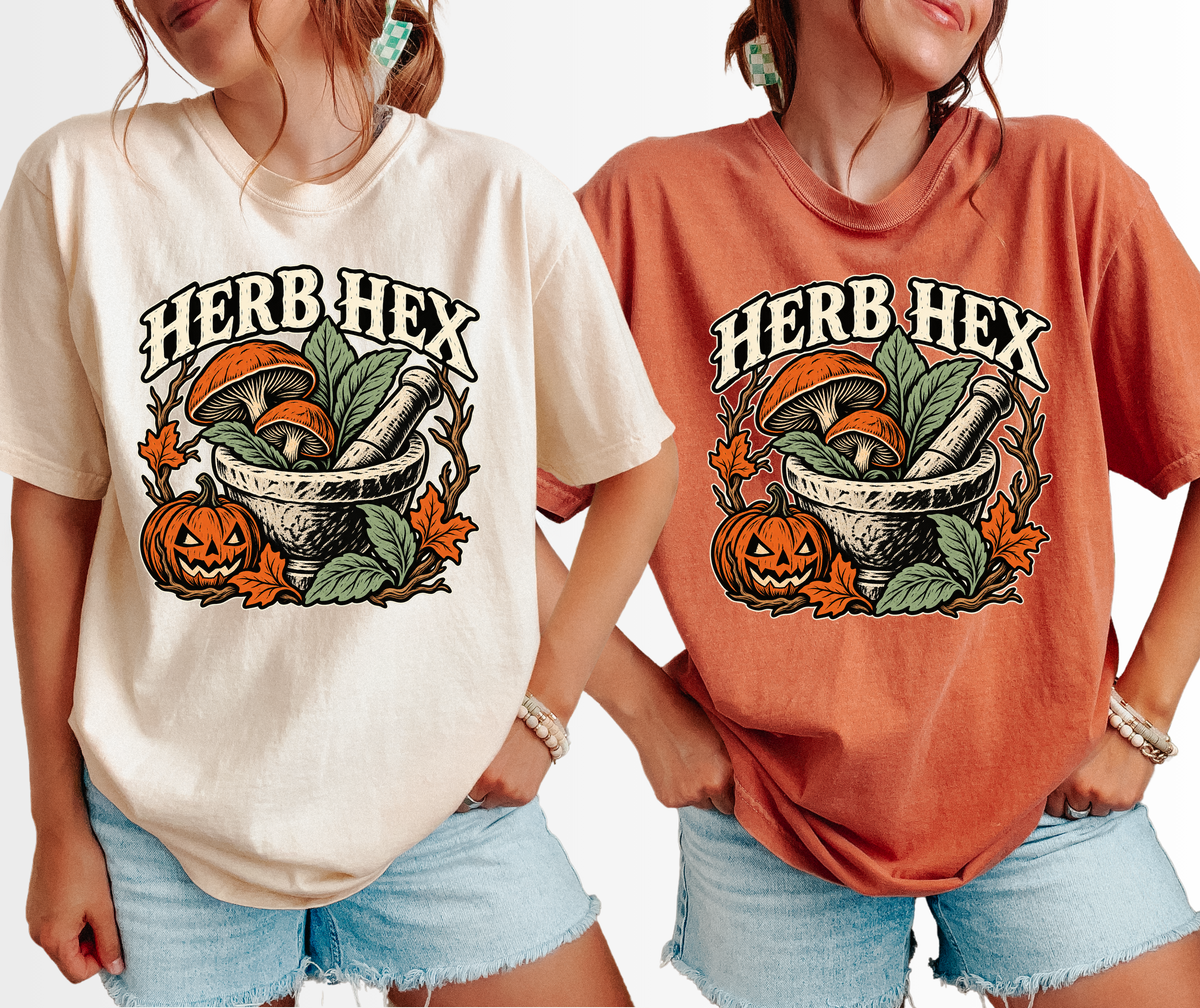 Witch's Apothecary Halloween T-Shirt, Herb Hex Mortar and Mushroom Woodcut, Pumpkin Folk Art, Comfort Colors