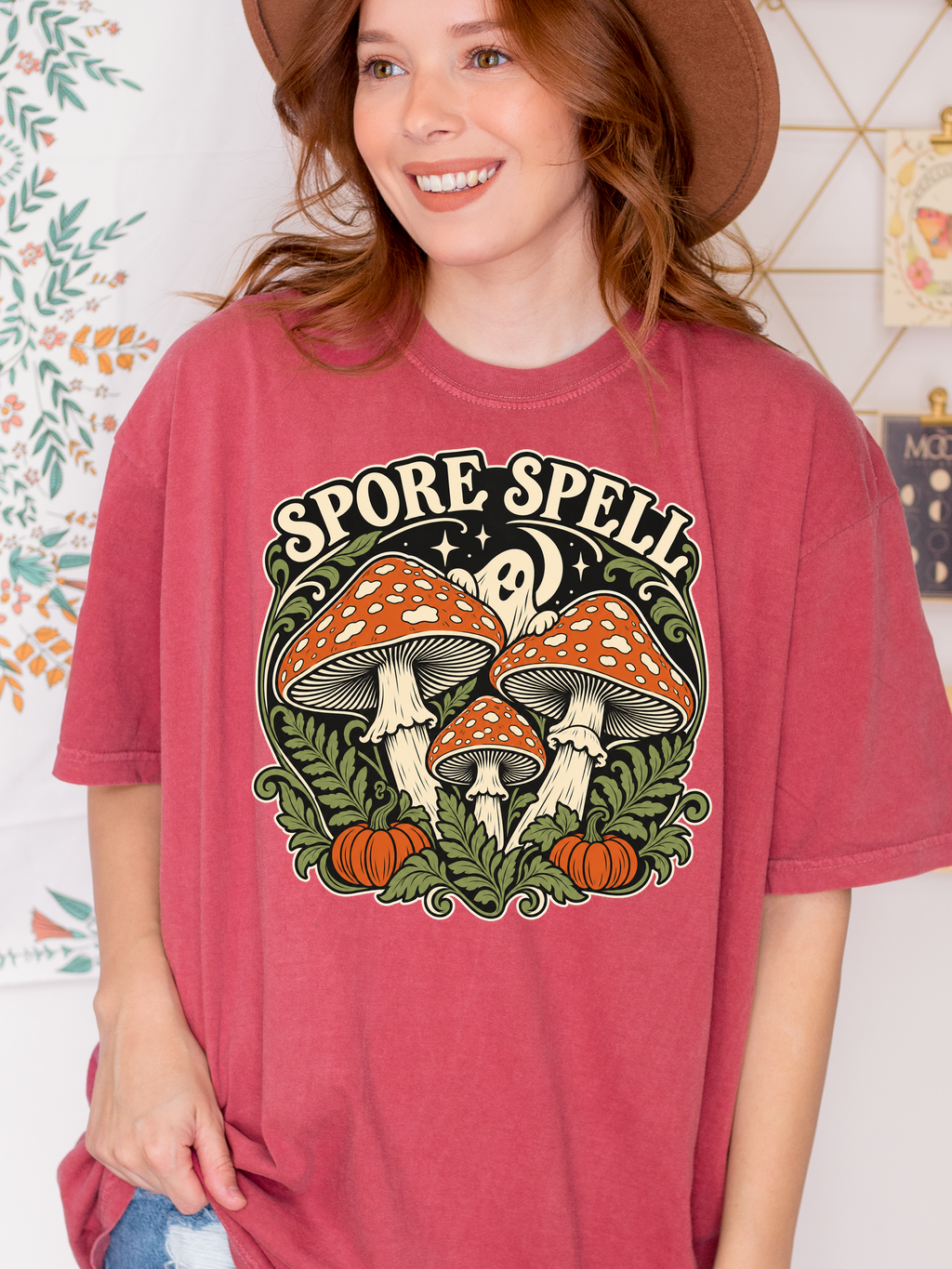 Halloween T-Shirt, Midnight Mushroom Circle, Comfort Colors, Art Nouveau Artwork