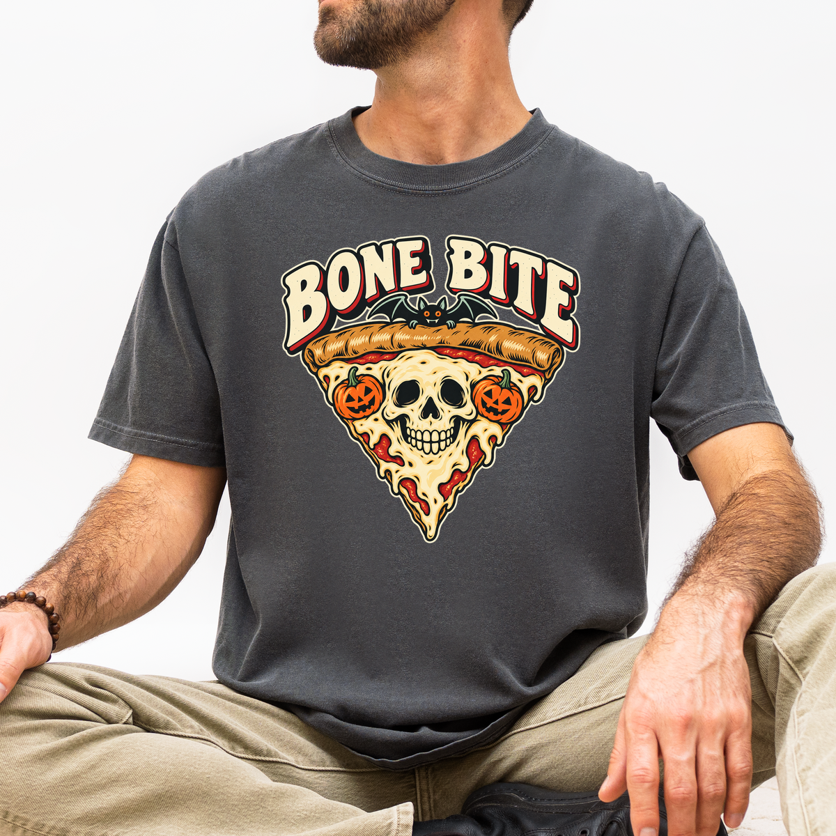 Skeleton Pizza Halloween T-shirt, Bone Bite Retro Diner Skull Slice, Pumpkin and Bat Comfort Colors