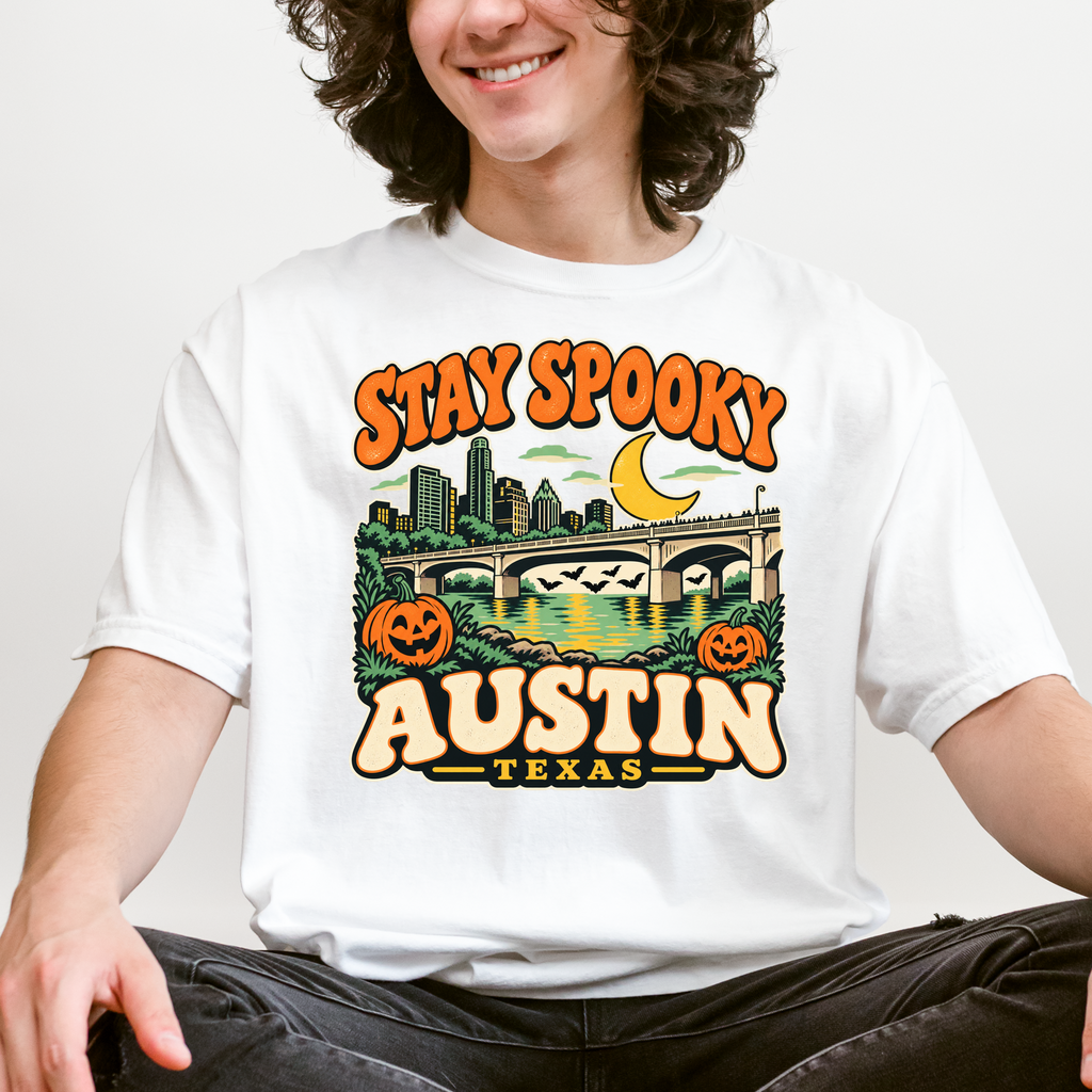 Austin Halloween T-Shirt, Congress Avenue Bridge Bats and Pumpkins, Retro Texas Souvenir, Comfort Colors