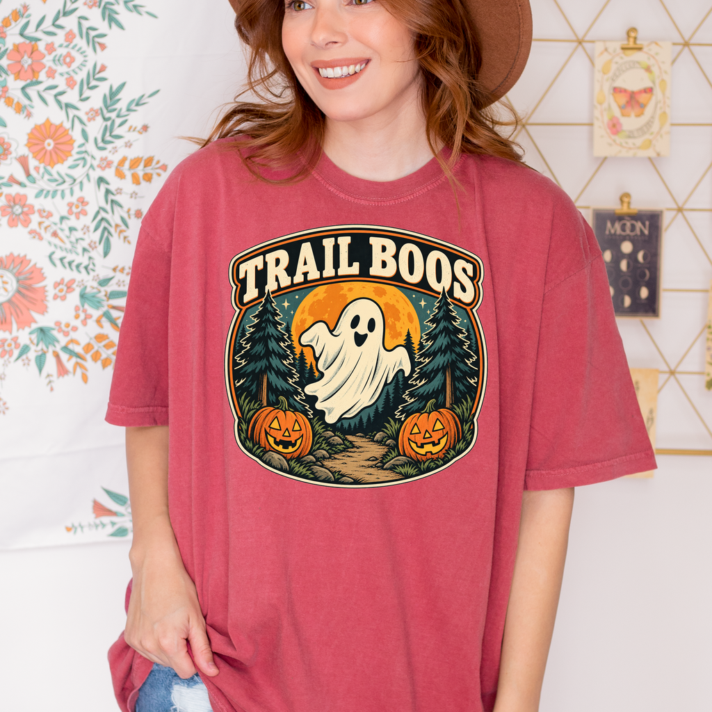 Ghost Halloween T-Shirt, Trail Boos Forest Badge, Retro Pine Trees, Jack-o-Lanterns and Harvest Moon, Comfort Colors