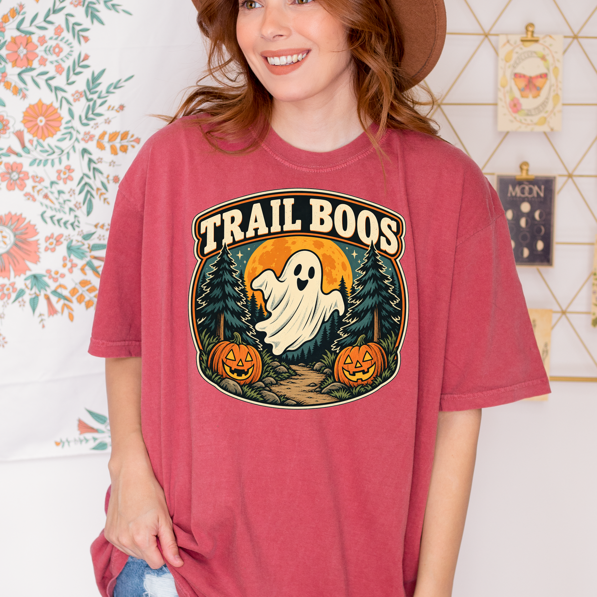 Ghost Halloween T-Shirt, Trail Boos Forest Badge, Retro Pine Trees, Jack-o-Lanterns and Harvest Moon, Comfort Colors