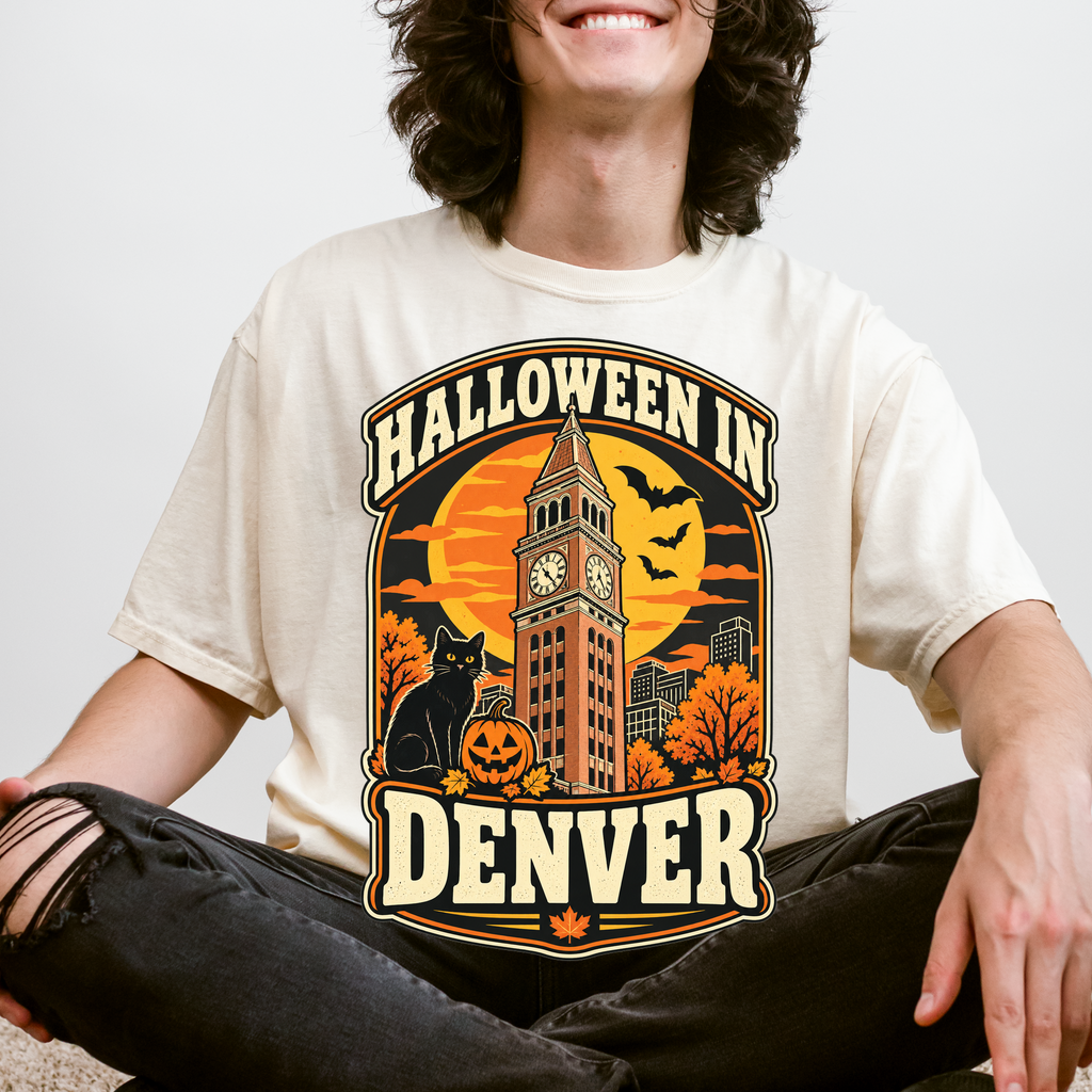 Denver Halloween T-Shirt, Daniels and Fisher Tower, Comfort Colors, Retro Black Cat and Pumpkin Souvenir