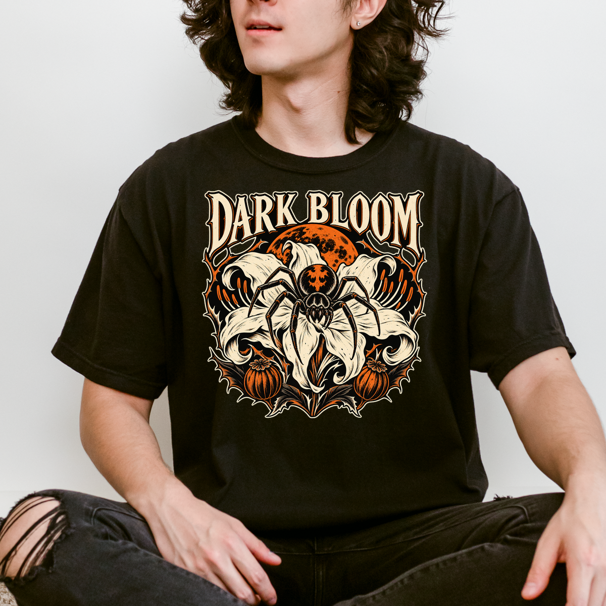 Spider Lily Halloween T-Shirt, Dark Bloom Gothic Woodcut, Orange Moon and Pumpkin Pods, Comfort Colors