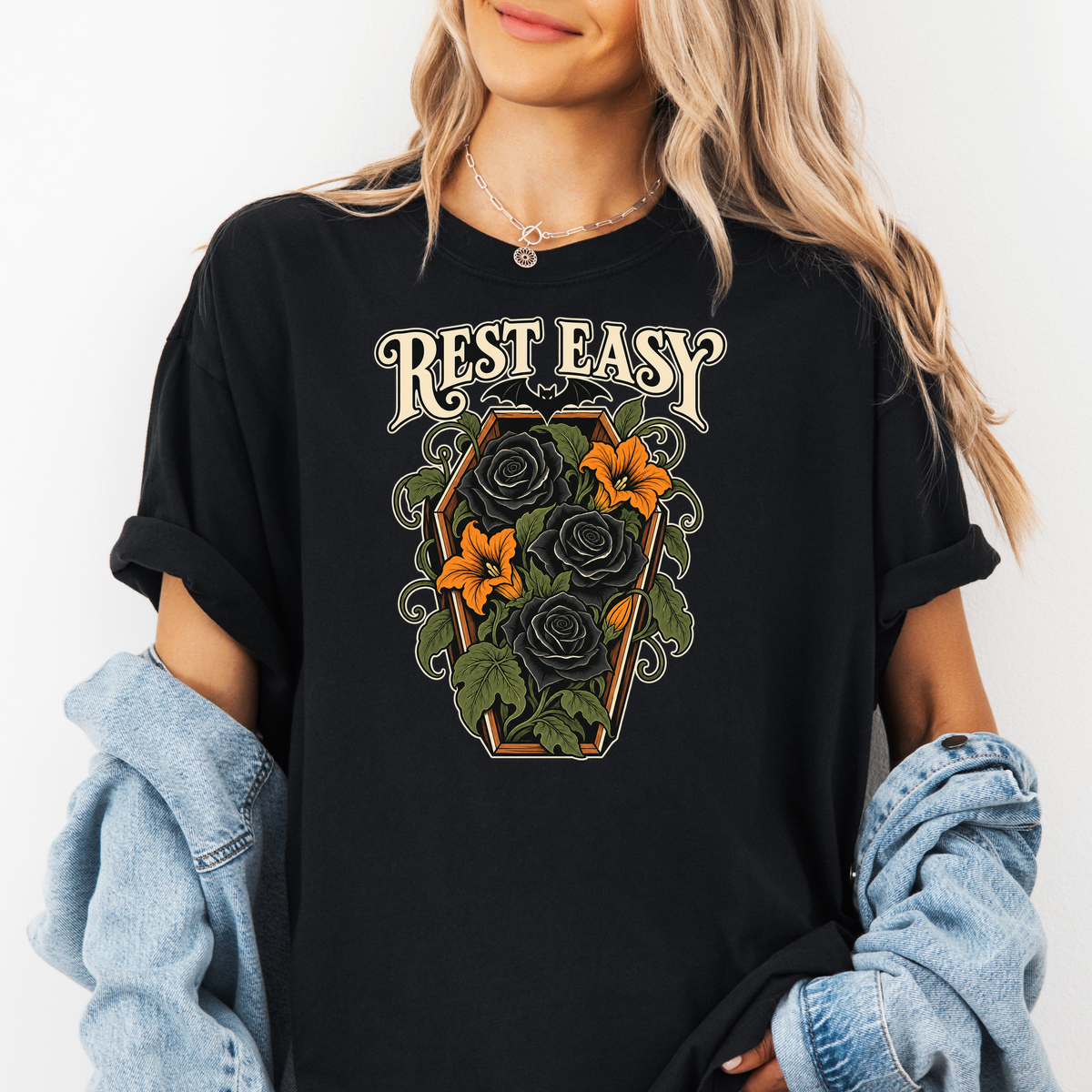 Coffin Flower Bed Halloween T-Shirt, Rest Easy Black Roses, Art Nouveau Botanical, Comfort Colors