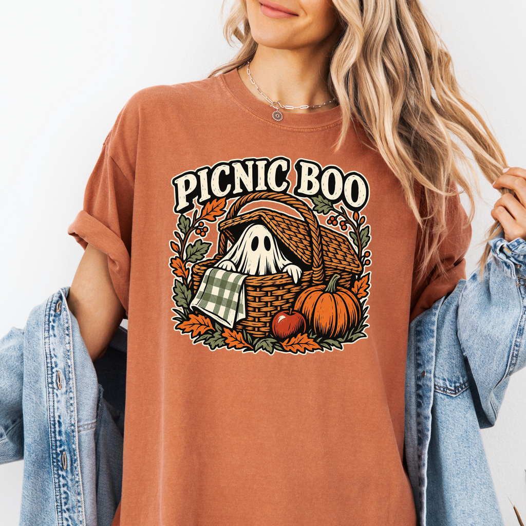 Ghost Picnic Basket Halloween T-Shirt, Picnic Boo Folk Art, Pumpkin Woodcut Illustration, Comfort Colors