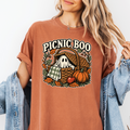 Ghost Picnic Basket Halloween T-Shirt, Picnic Boo Folk Art, Pumpkin Woodcut Illustration, Comfort Colors