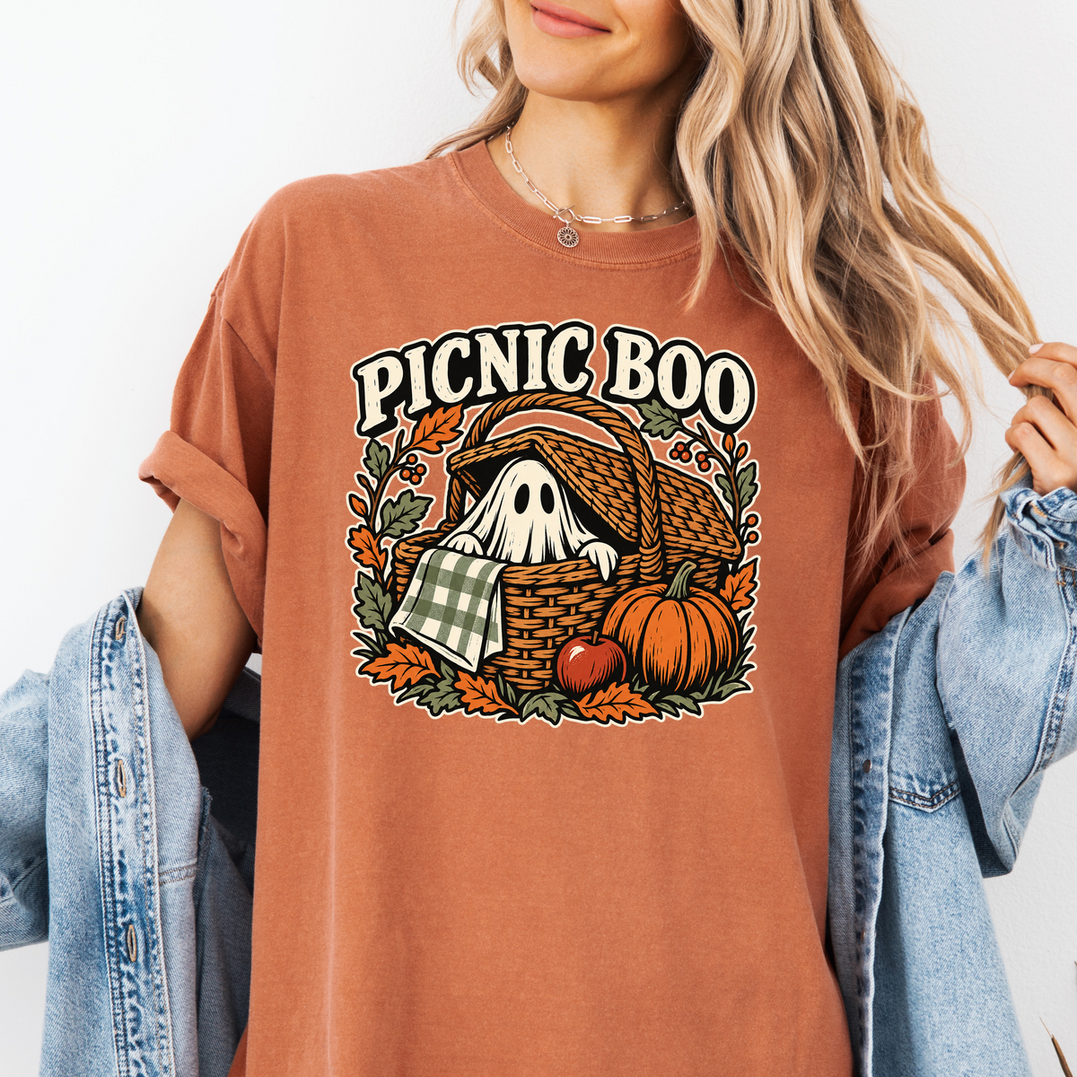 Ghost Picnic Basket Halloween T-Shirt, Picnic Boo Folk Art, Pumpkin Woodcut Illustration, Comfort Colors