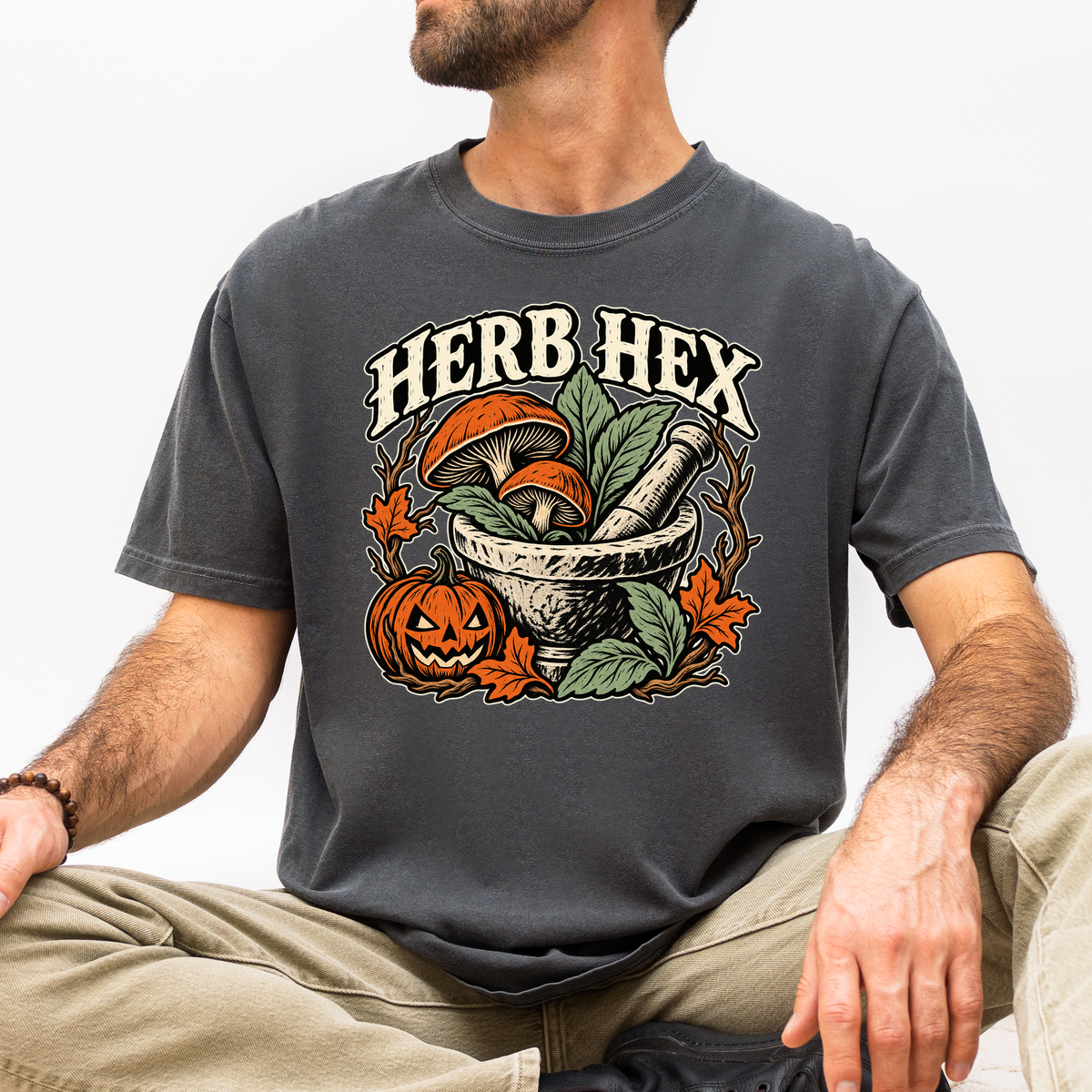 Witch's Apothecary Halloween T-Shirt, Herb Hex Mortar and Mushroom Woodcut, Pumpkin Folk Art, Comfort Colors