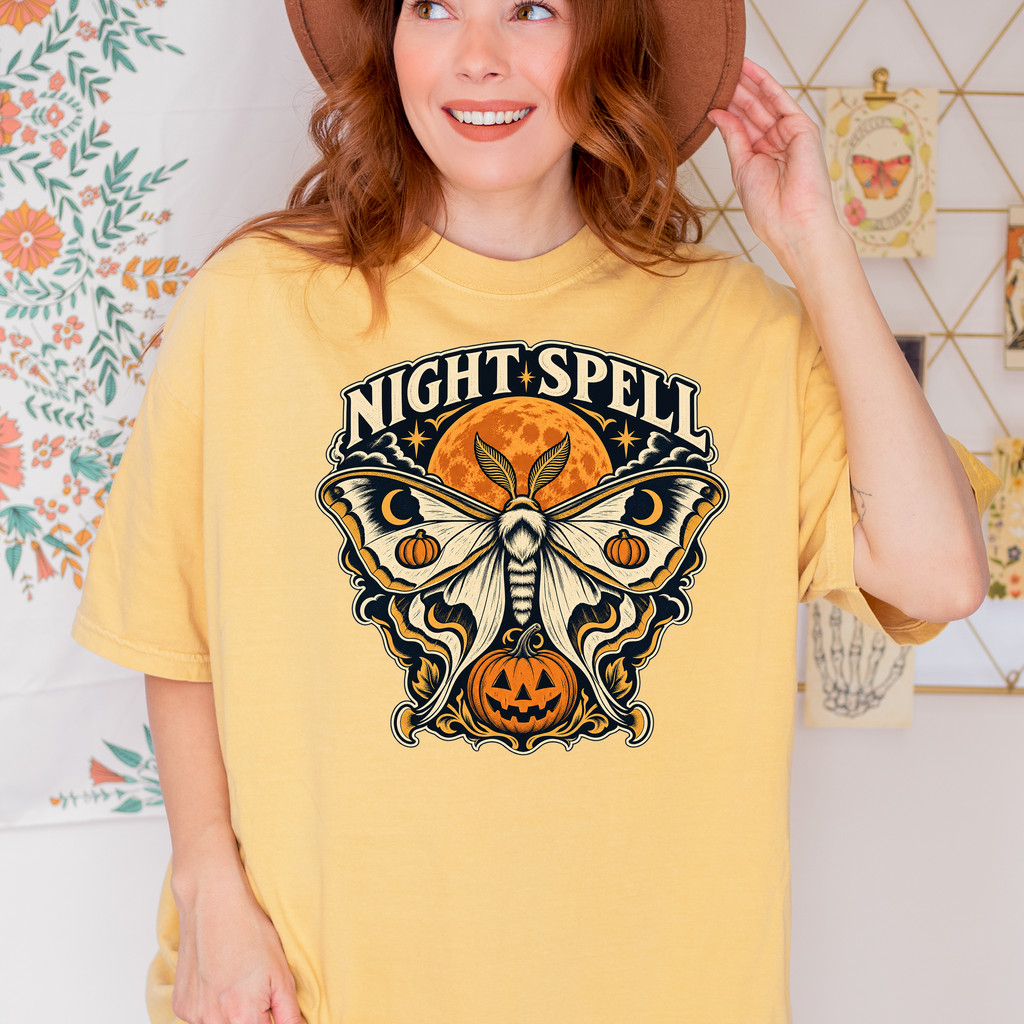 Moon Moth Halloween T-Shirt, Night Spell Pumpkin and Orange Moon, Celestial Gothic Art, Comfort Colors