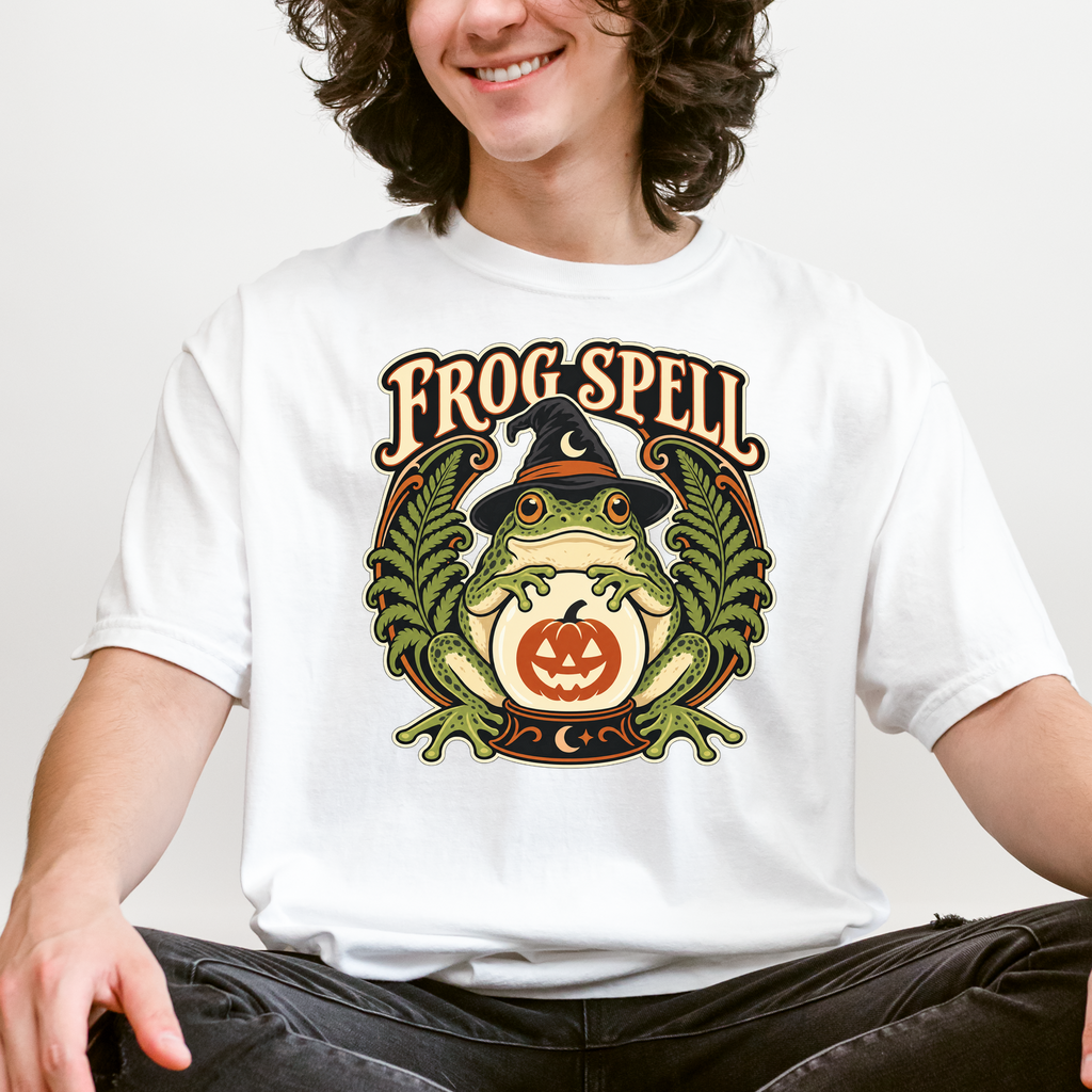 Frog Halloween T-Shirt, Fortune Teller Crystal Ball and Pumpkin, Art Nouveau Botanical Comfort Colors
