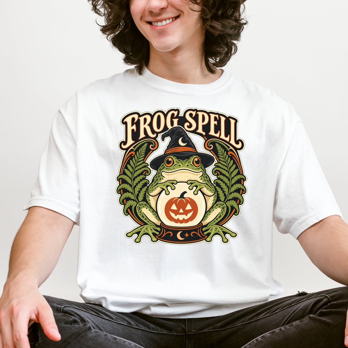 Frog Halloween T-Shirt, Fortune Teller Crystal Ball and Pumpkin, Art Nouveau Botanical Comfort Colors