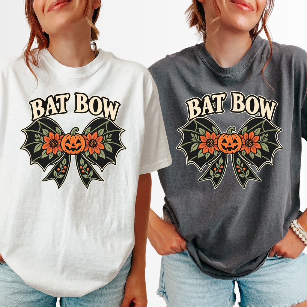 Bat Wing Bow Halloween T-Shirt, Smiling Pumpkin and Autumn Flowers, Folk Art Botanical Design, Comfort Colors