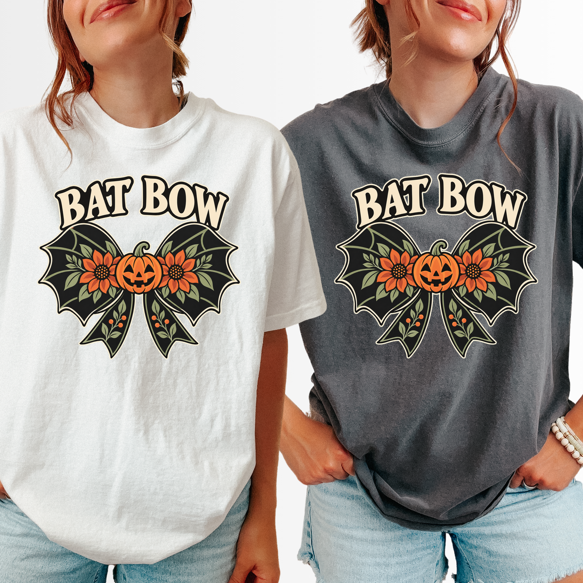 Bat Wing Bow Halloween T-Shirt, Smiling Pumpkin and Autumn Flowers, Folk Art Botanical Design, Comfort Colors