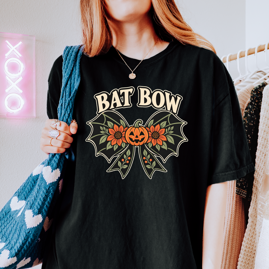 Bat Wing Bow Halloween T-Shirt, Smiling Pumpkin and Autumn Flowers, Folk Art Botanical Design, Comfort Colors