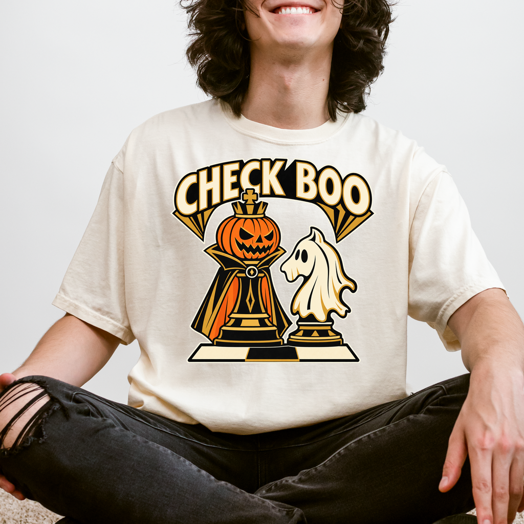 Pumpkin Chess Halloween T-Shirt, Check Boo King and Ghost Knight, Art Deco Spooky Season, Comfort Colors
