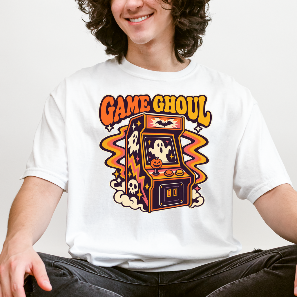 Haunted Arcade Halloween T-Shirt, Game Ghoul Cabinet, 1970s Psychedelic Pumpkin Joystick, Comfort Colors