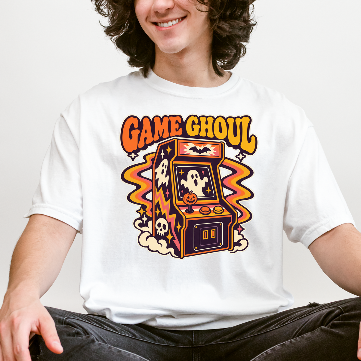 Haunted Arcade Halloween T-Shirt, Game Ghoul Cabinet, 1970s Psychedelic Pumpkin Joystick, Comfort Colors