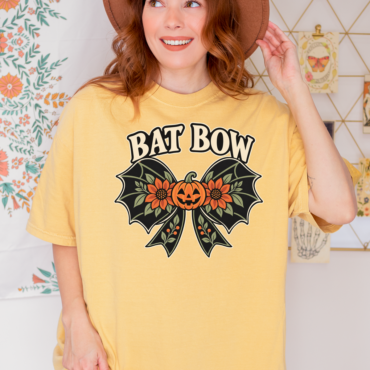 Bat Wing Bow Halloween T-Shirt, Smiling Pumpkin and Autumn Flowers, Folk Art Botanical Design, Comfort Colors
