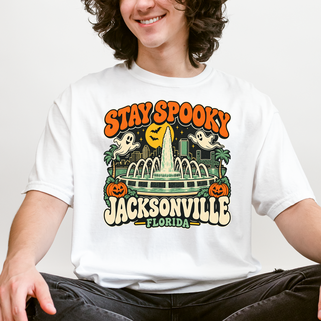 Jacksonville Halloween T-Shirt, Friendship Fountain Retro Ghost and Pumpkin Design, Florida Comfort Colors Souvenir