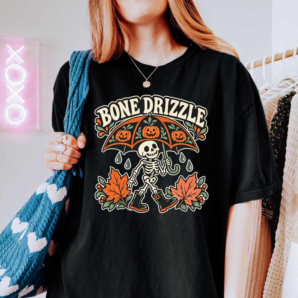 Skeleton Halloween T-Shirt, Bone Drizzle Pumpkin Umbrella, Folk Art Spooky Season, Comfort Colors