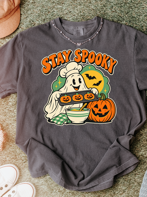 Halloween T-Shirt, Stay Spooky Ghost Baker, Comfort Colors, Retro Cartoon