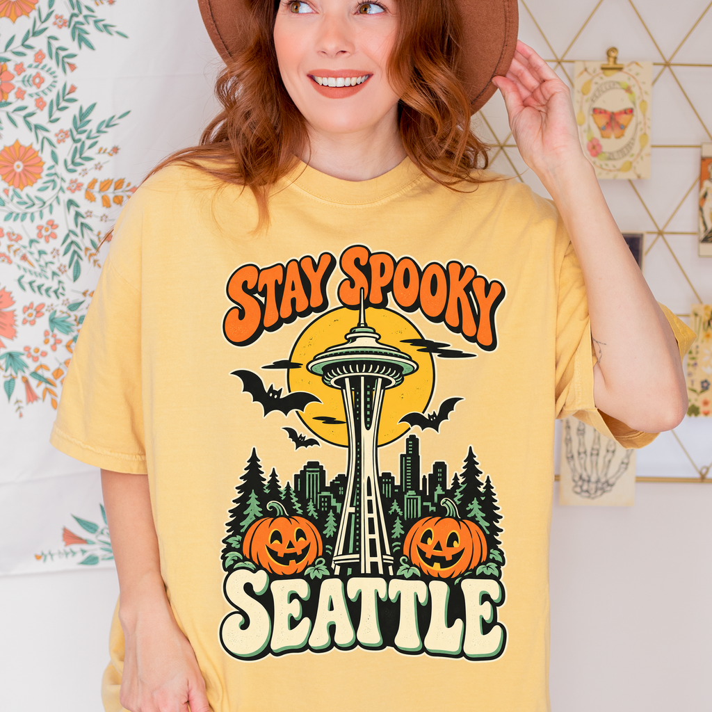 Seattle Halloween T-Shirt, Space Needle Pumpkin Scene, Retro 1950s Cartoon, Comfort Colors Washington Souvenir