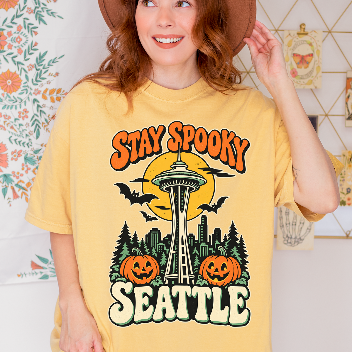 Seattle Halloween T-Shirt, Space Needle Pumpkin Scene, Retro 1950s Cartoon, Comfort Colors Washington Souvenir